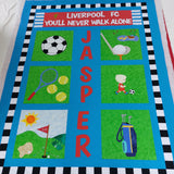 a picture of the whole sport quilt showing the different sports with Liverpool FC at the top