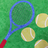 a blue tennis racket with a red handle with 3 yellow and white tennis balls