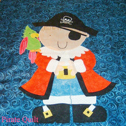 a dark blue fabric background shows off the pirate boy wearing a red coat with blue trousers and a black pirates hat and a parrot on his shoulder