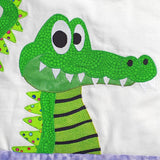 face of a smiling, bright green crocodile with big white teeth