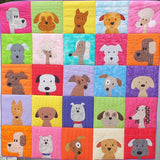 The faces of 25 different dogs on backgrounds of red, green, purple and red.